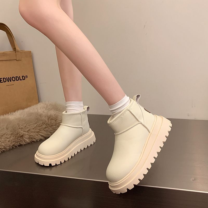 Women's Fleece-lined Thick Leather Waterproof Snow Boots
