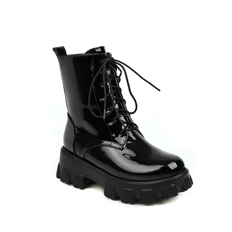 Patent Leather Lace-Up Platform Boots