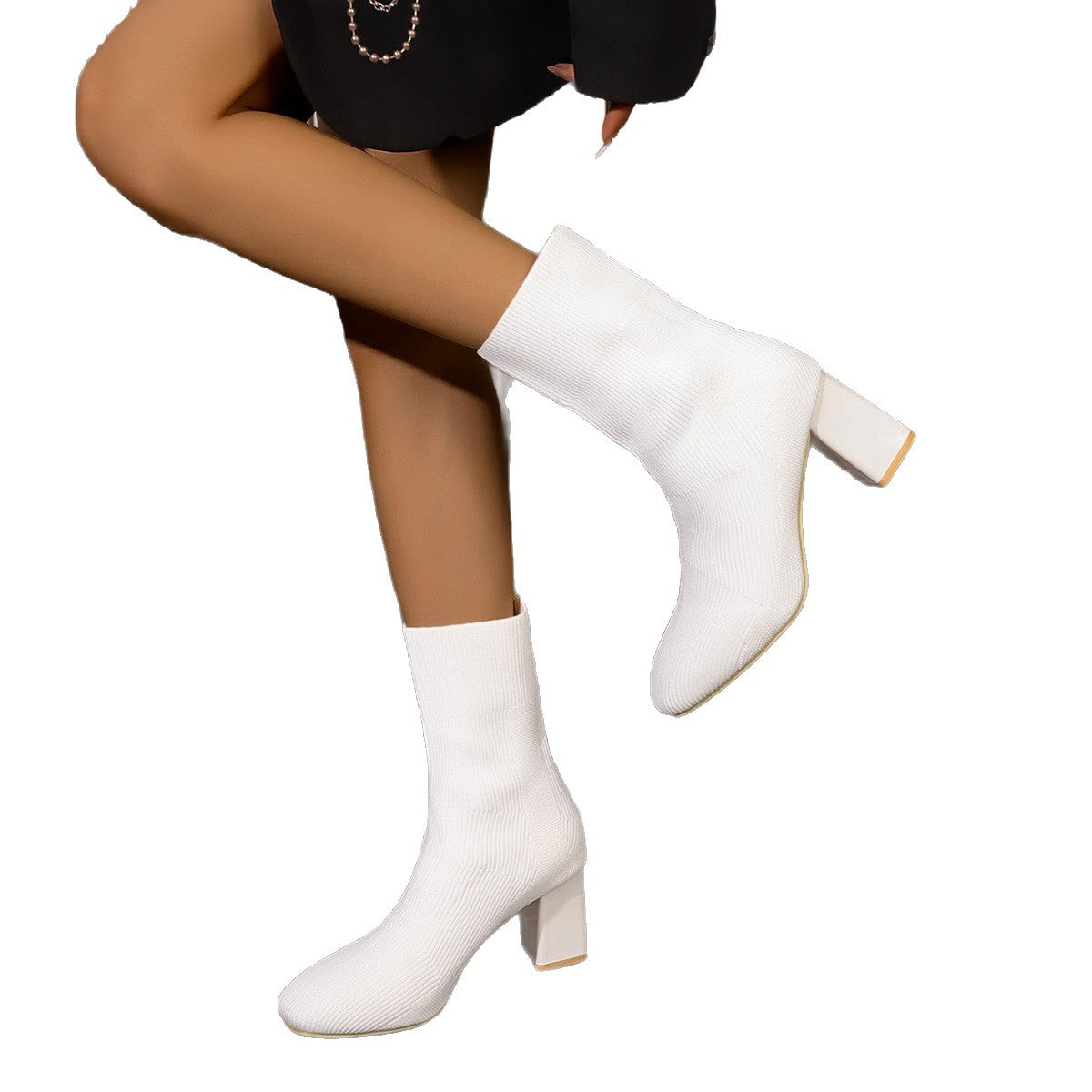Knitted Round-Toe High-Heel Sock Boots