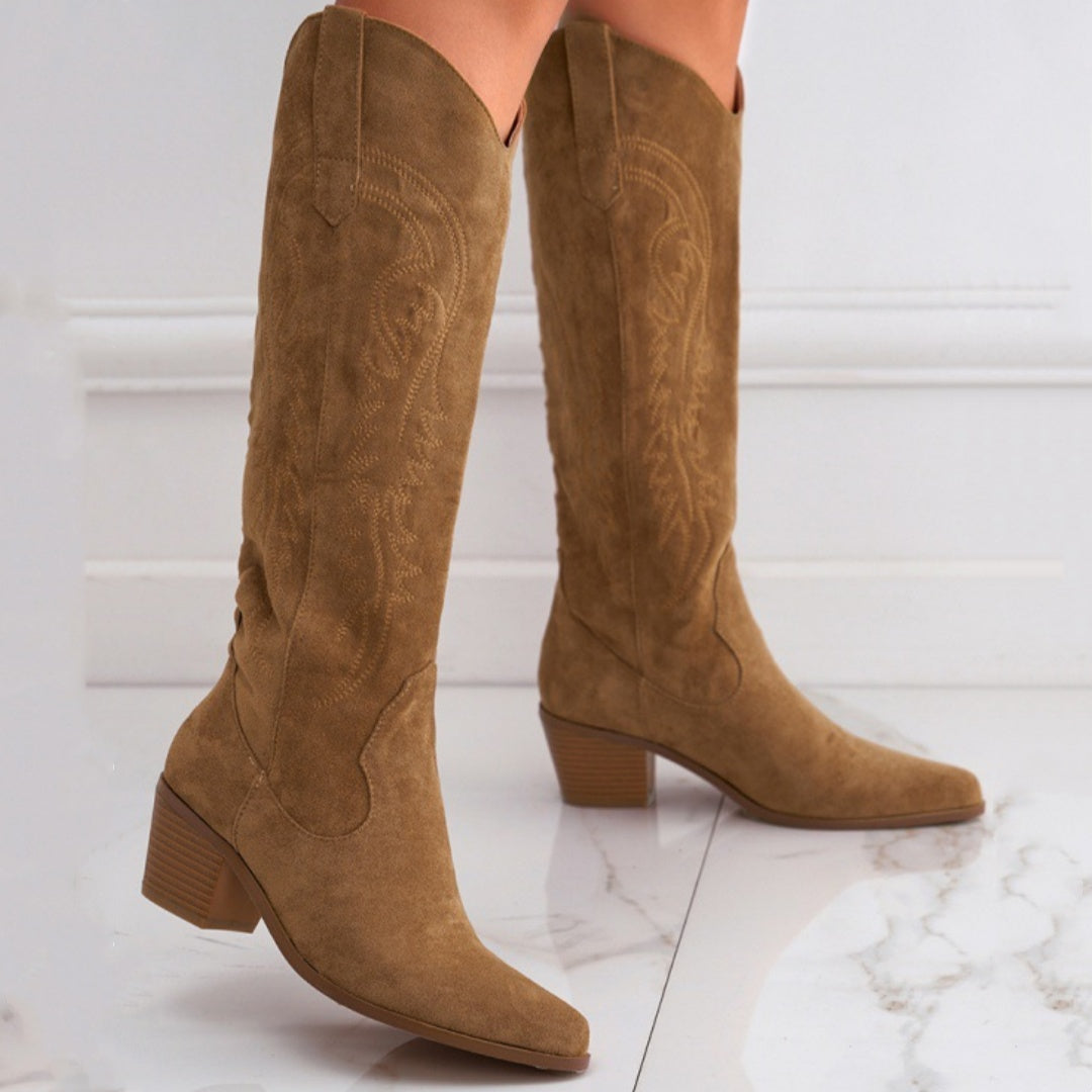 Chunky Heel Knee-High Slip-On Boots