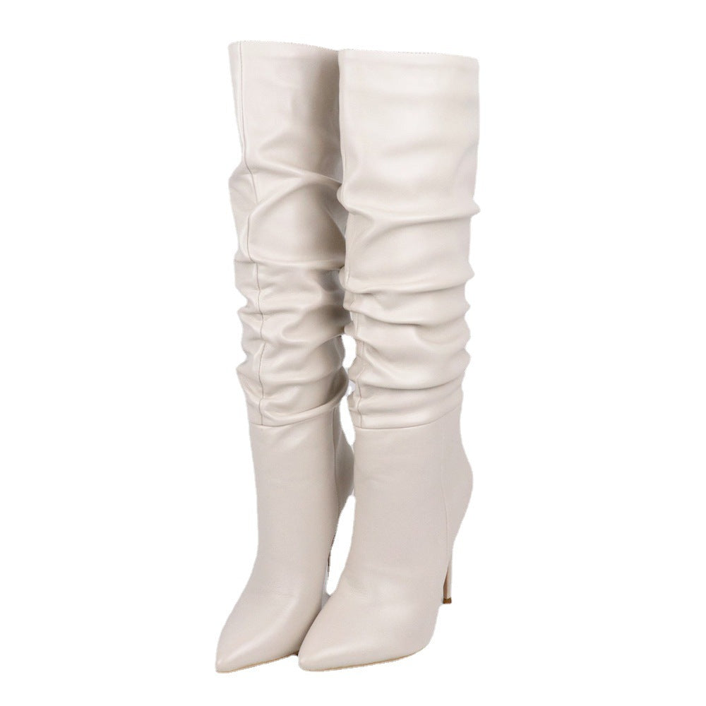 Women's Pleated Pointed-Toe Stiletto High-Heel Boots
