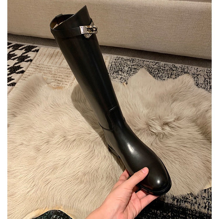 Round Head Metal Buckle Below The Knee Knight Boots