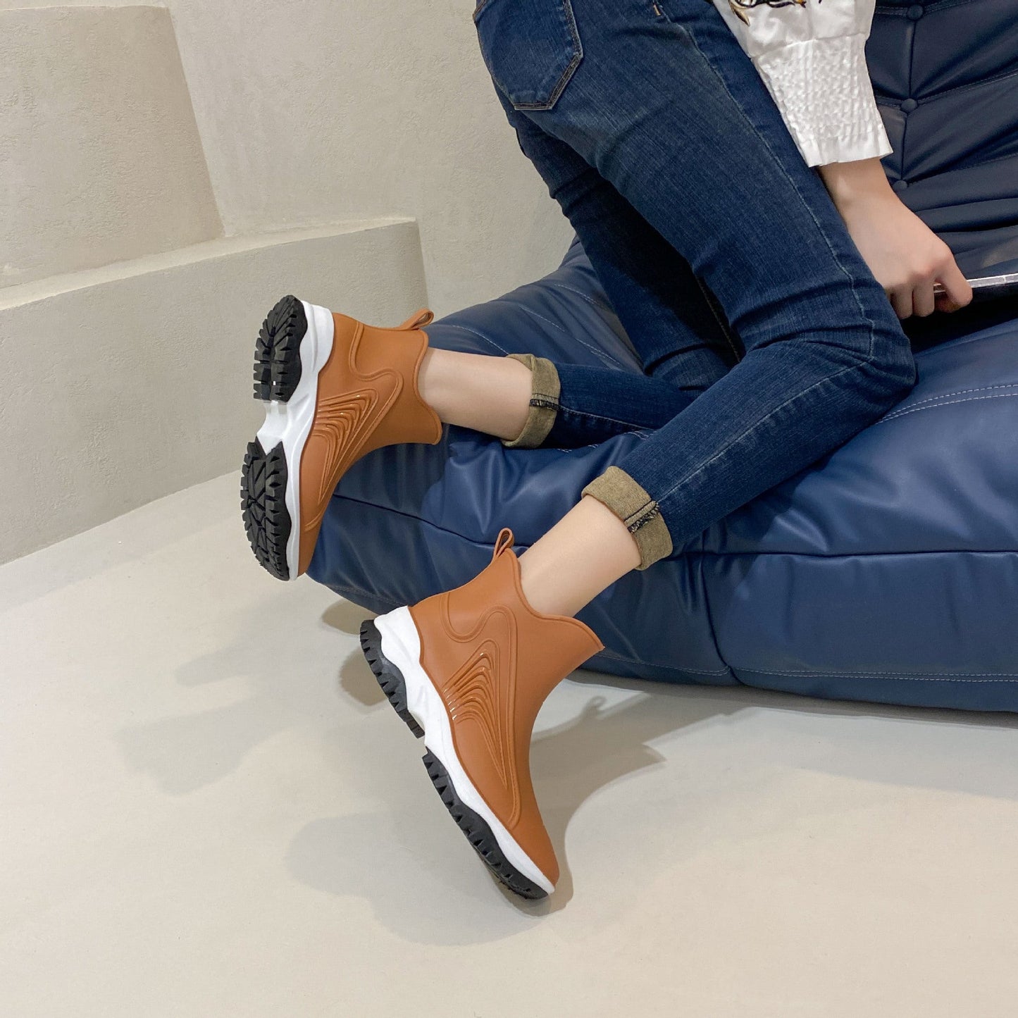 Women's Color Blocking Thick Sole Low Top Rain Boots