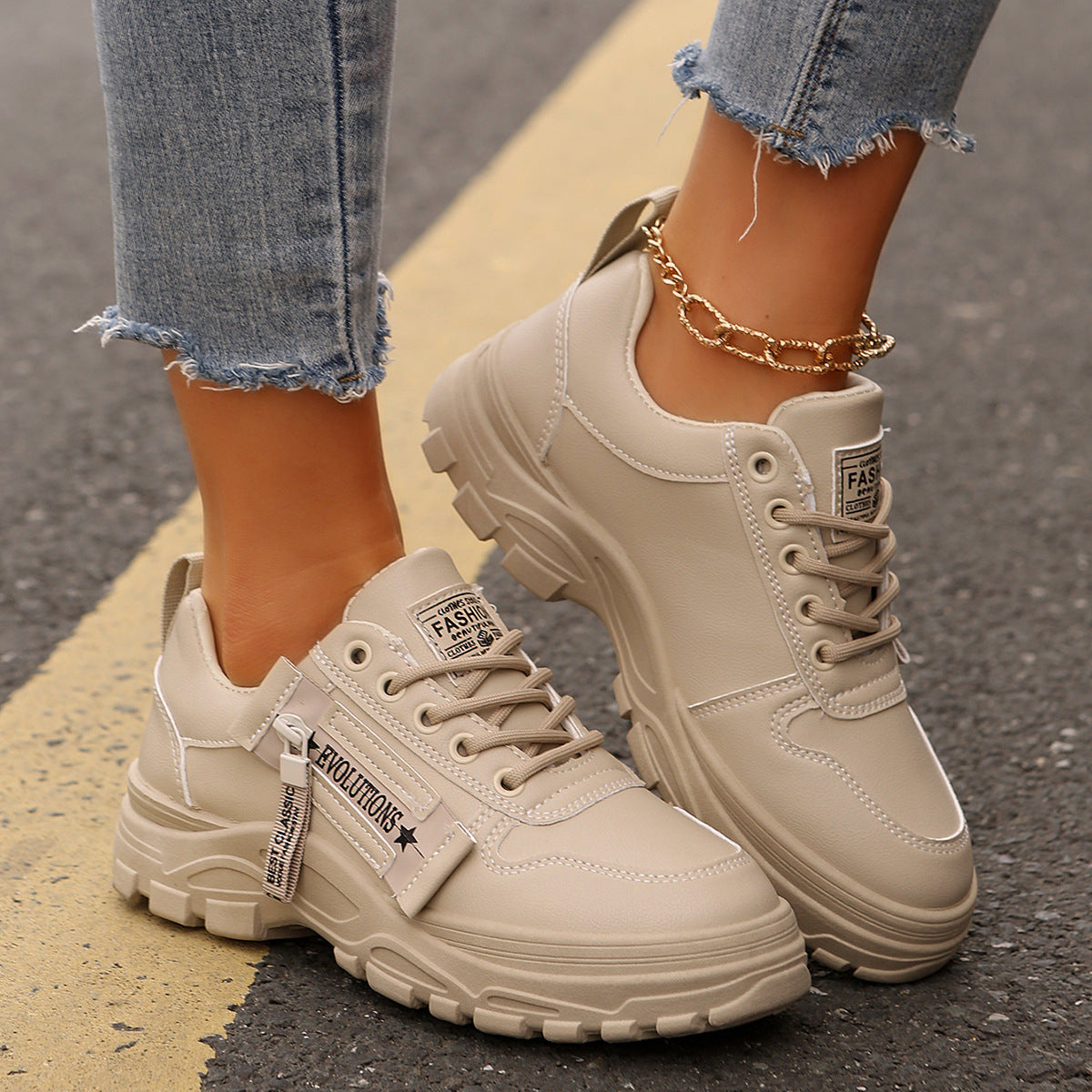 Women's Lace-Up Sports Shoes With Side-Zipper Design Casual Sneakers
