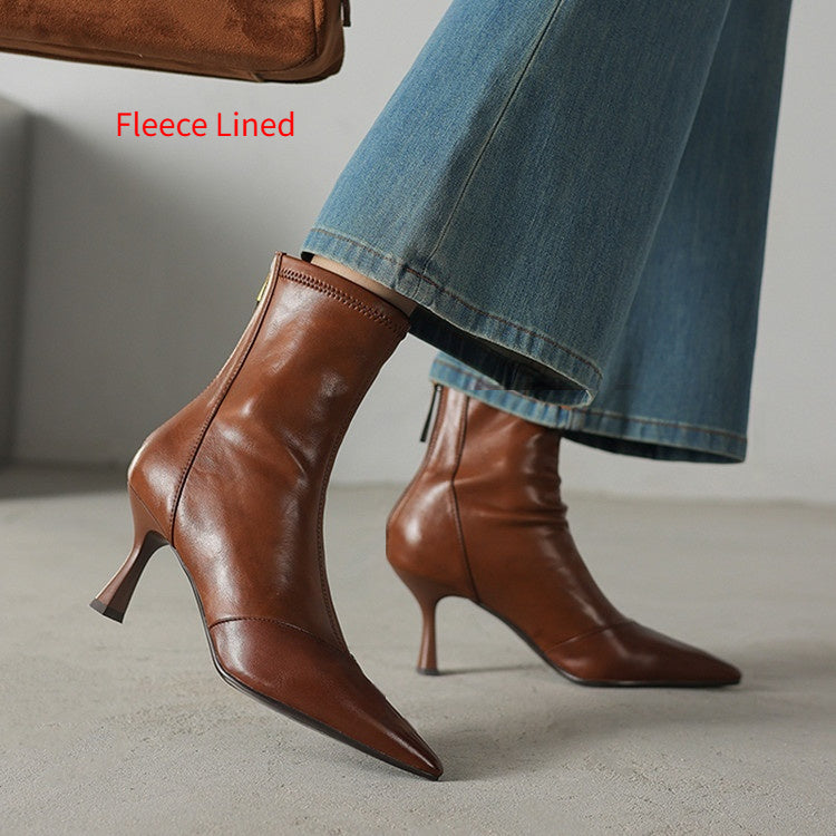Stiletto-heeled Cowhide Pointed-toe Ankle Boots With A Back