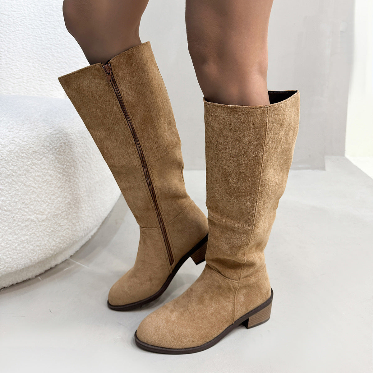 Women's Chunky Heel Suede Side Zipper Boots