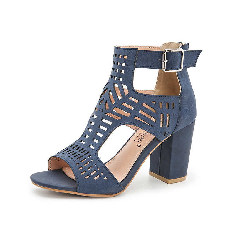 Women's Hollow Peep Toe Block Heel Sandals