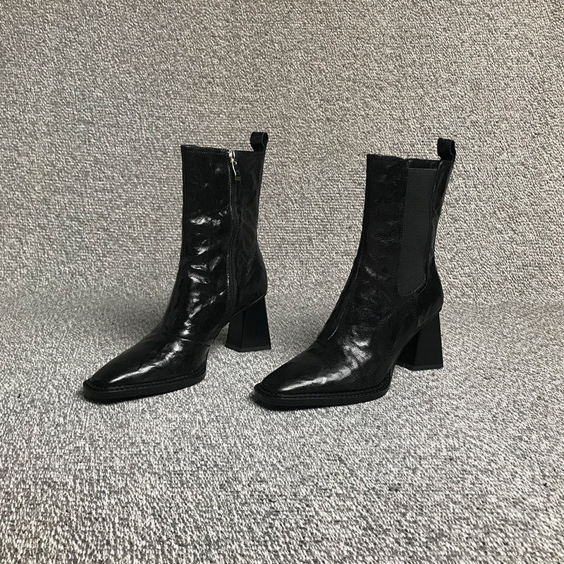 Women's Square Head Boots With Chunky Heels