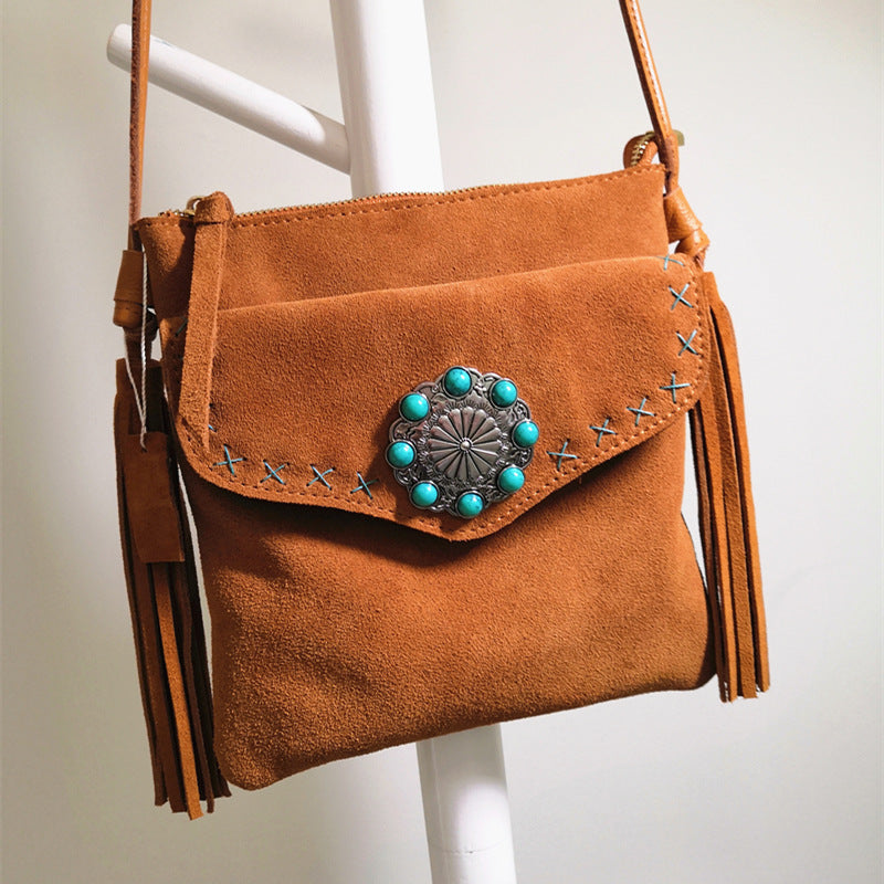 Women's Fleece Vintage Floral Fringe Messenger Bag