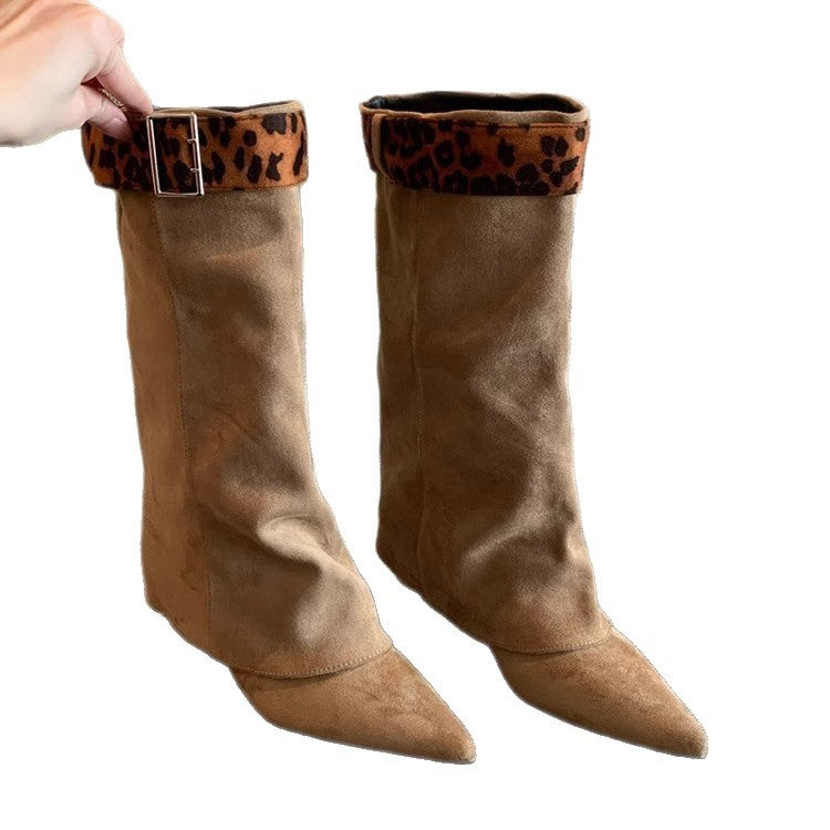 Women's Retro Western Slimming Belt Buckle Middle Boots