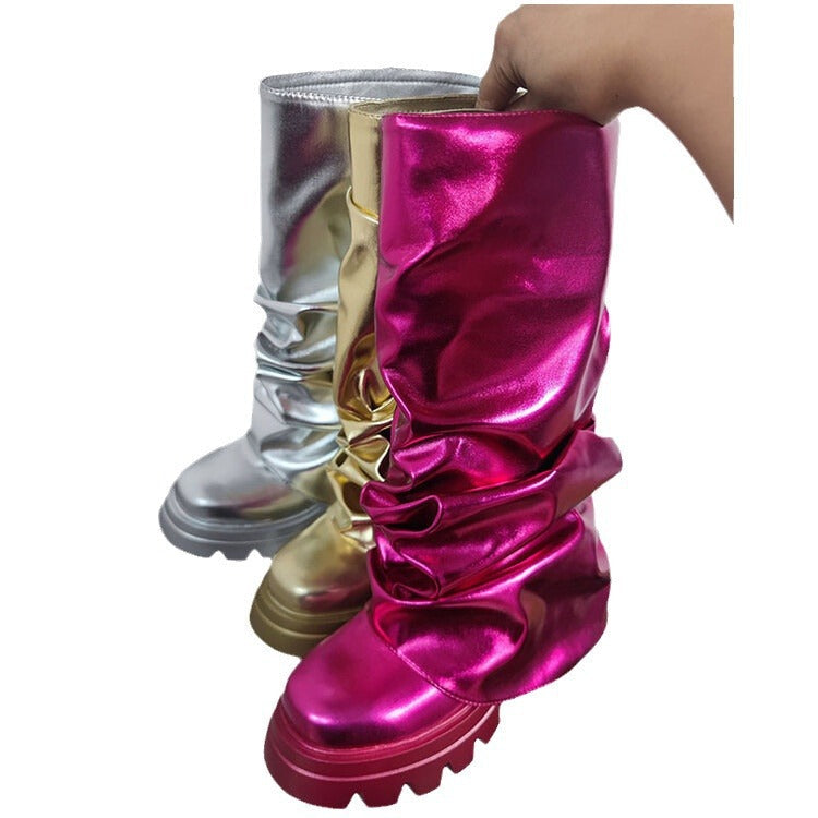 Women's Pleated Round-Toe Mid-Heel Boots