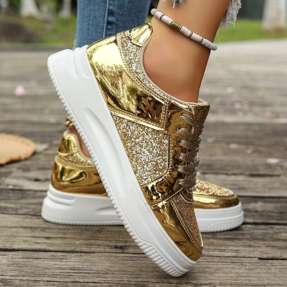 Women's Sequin Lace-Up Platform Sneakers
