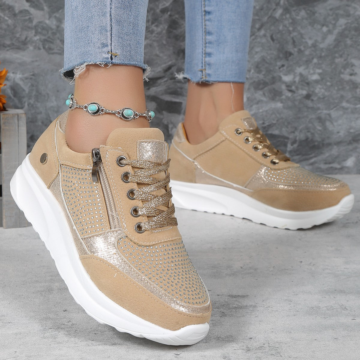 Women's Flat Round-Toe Rhinestone Pumps Sports Casual Loafers