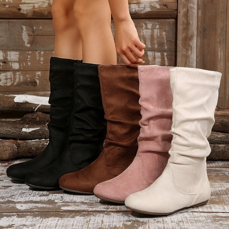 Women's Side Zipper Pleated Pile Boots