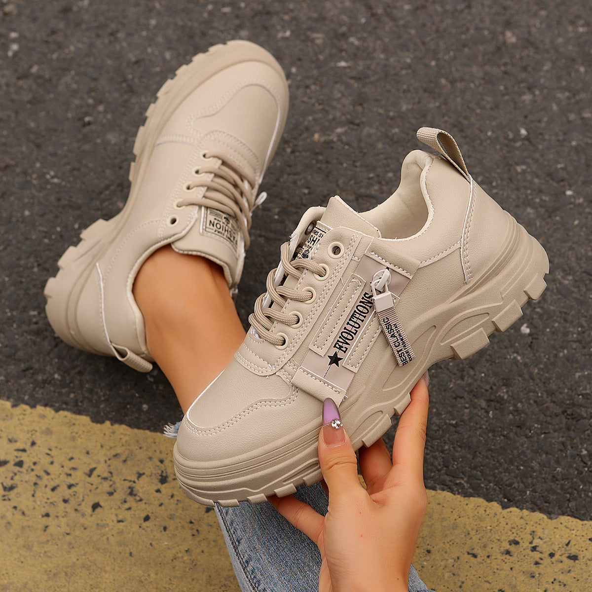 Women's Lace-Up Sports Shoes With Side-Zipper Design Casual Sneakers
