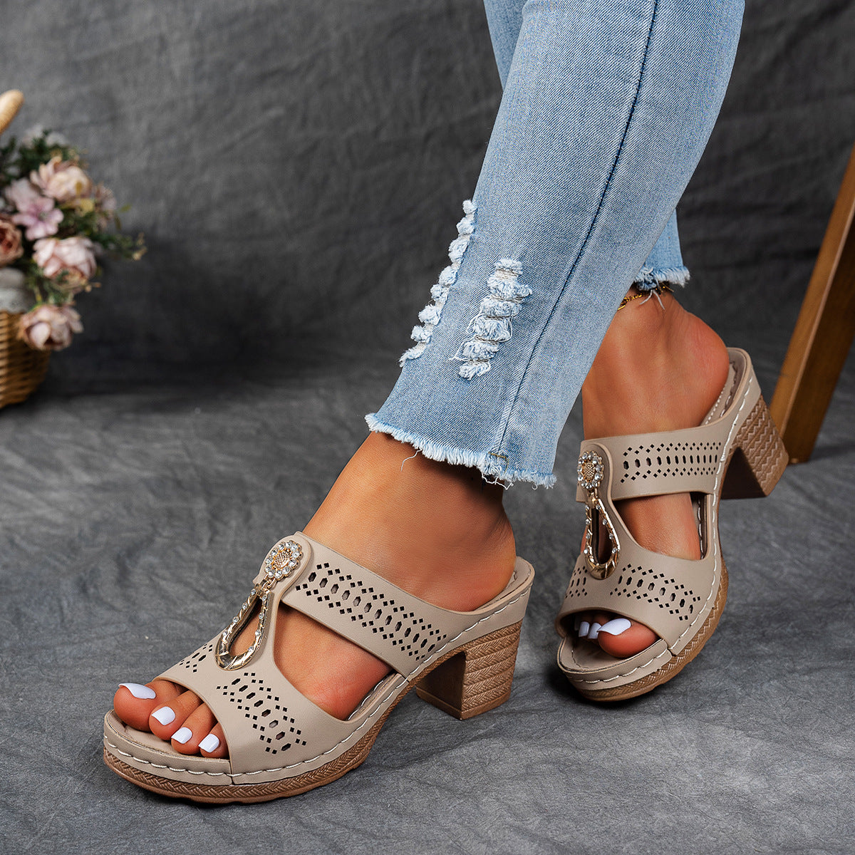 Rhinestone Detail Cutout Block Heel Sandals