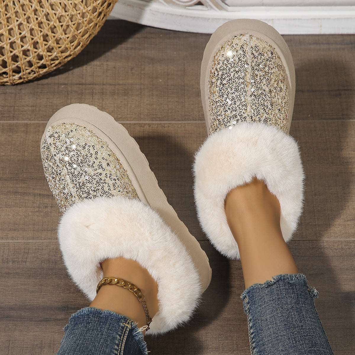 Sequined Plush-Lined Indoor-Outdoor Slippers