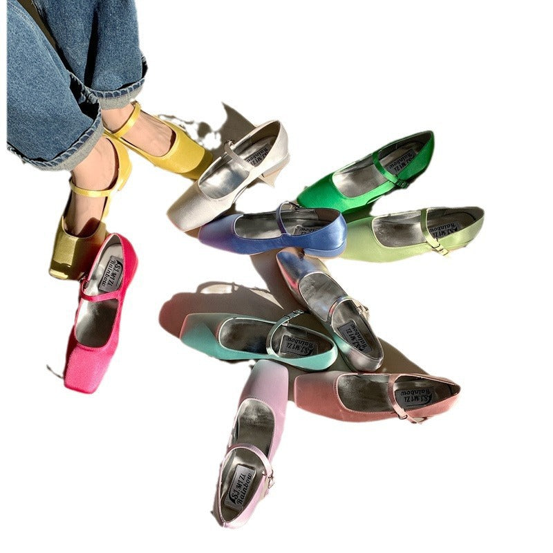 Vintage Square-Toe Satin Mary Jane Shoes