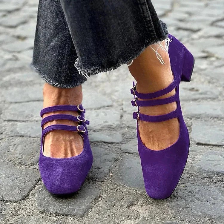 Women's Leather Square-Toe Chunky Heels
