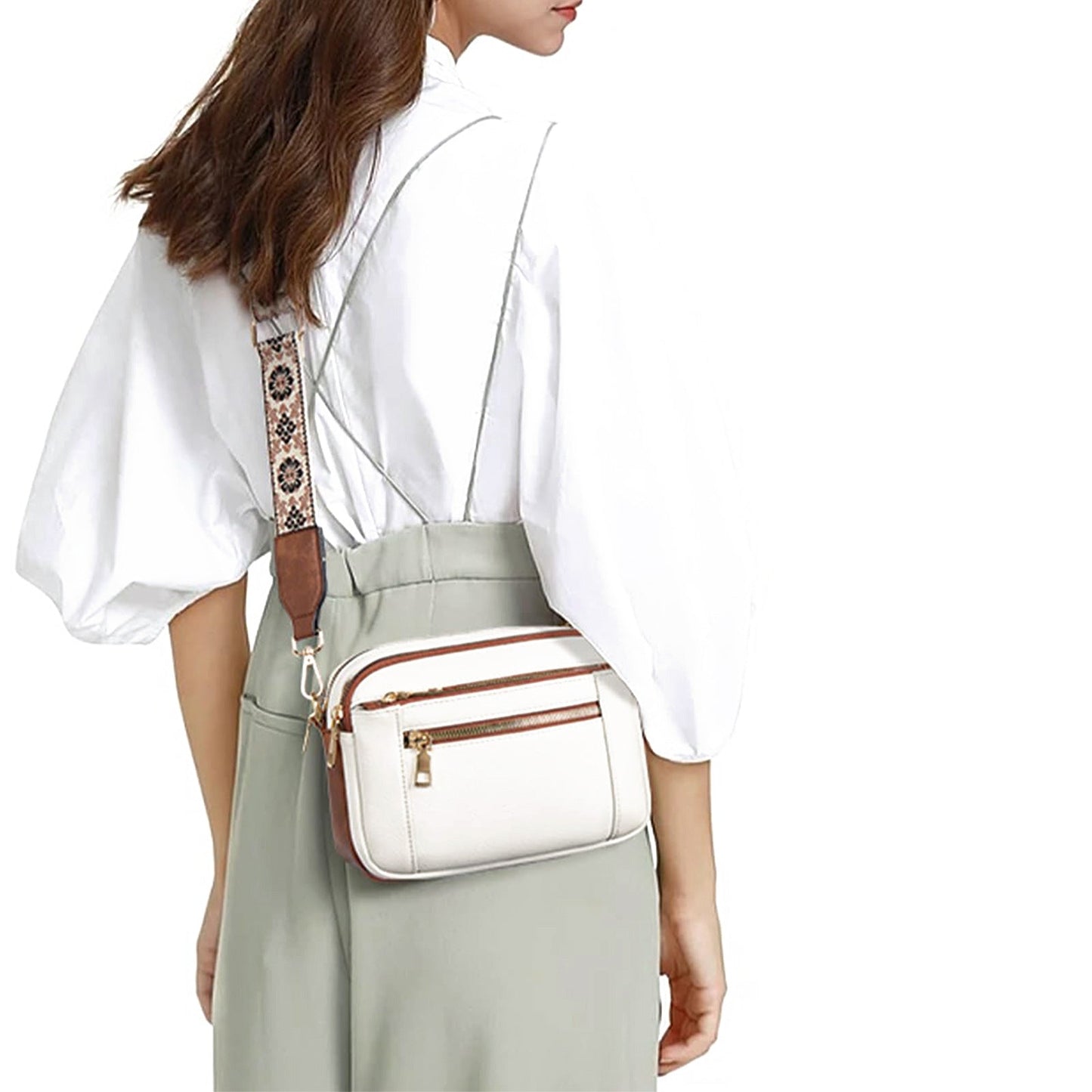 Women's Triple-Zipper Crossbody Bag with Floral Embroidered Strap