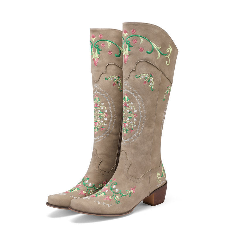 Women's Chunky-Heel Retro Embroidered Side-Zip Mid-Calf Boots
