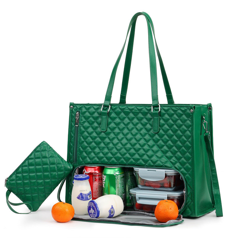 Unisex 2-in-1 Quilted Commuter Tote and Lunch Bag Handbag