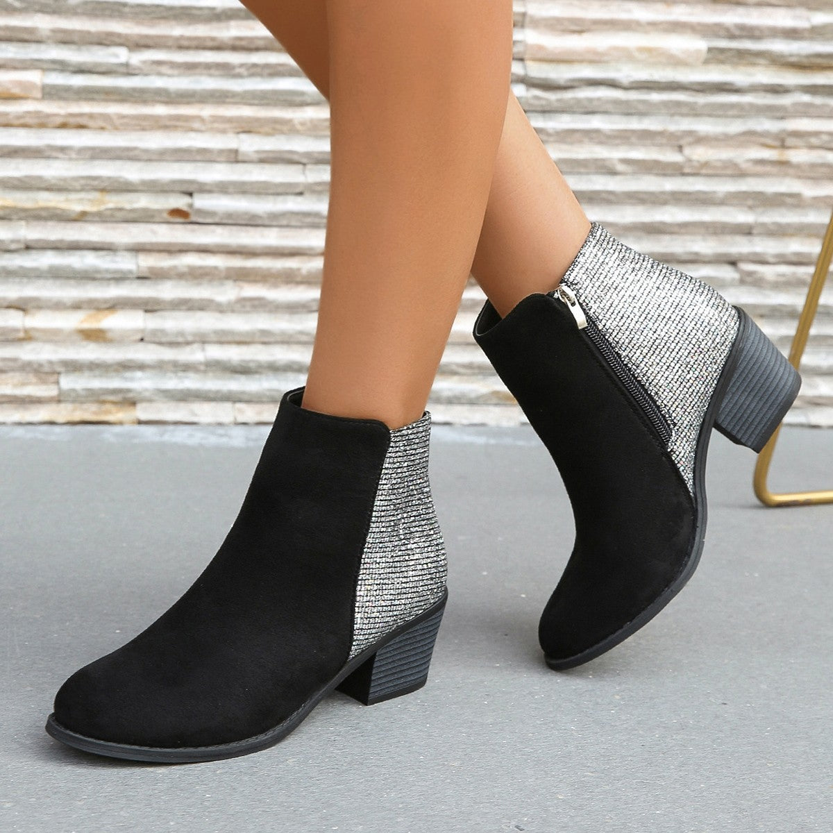 Women's Sequin Chunky Heel Side Zip Boots