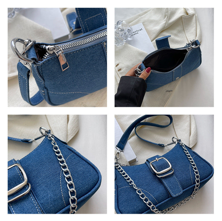 Women's Denim Crossbody Bag with Chain Detail
