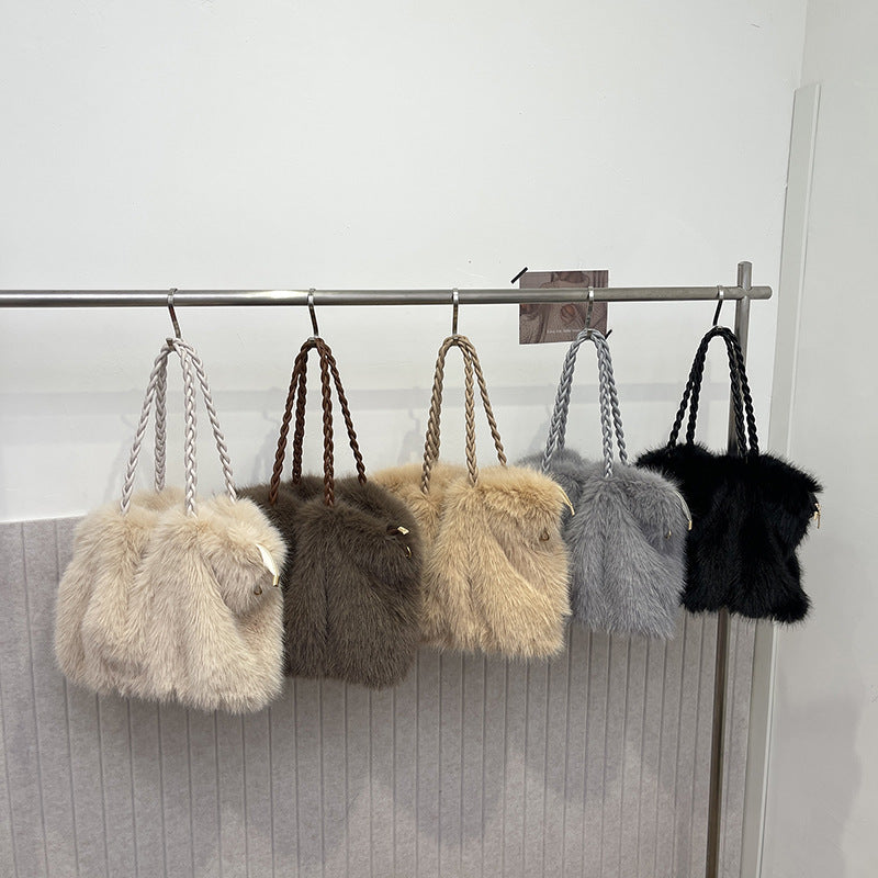Pleated Faux Fox Fur Shoulder Bag