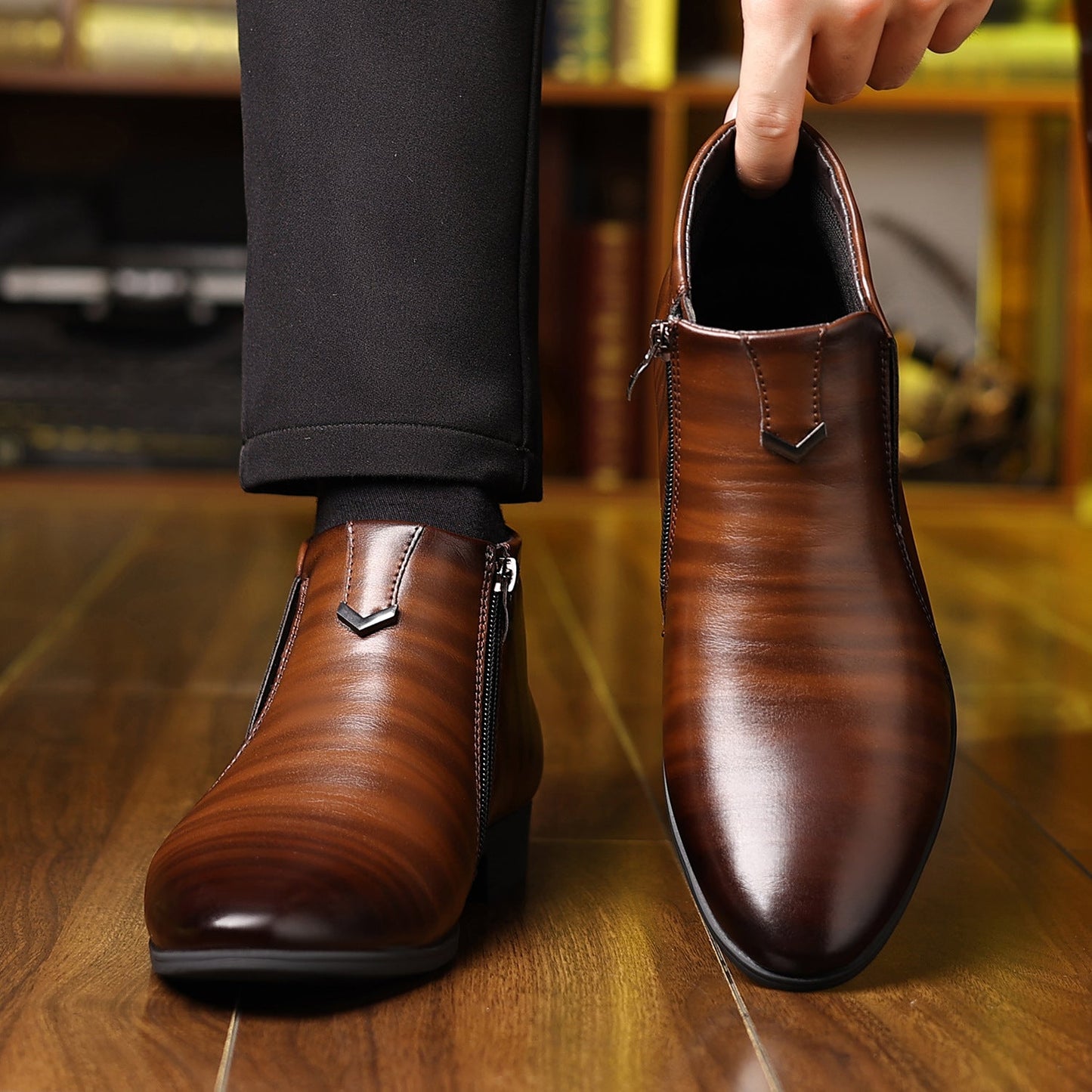 Men's Pointed White Striped Embossed Side Zipper Ankle Boots
