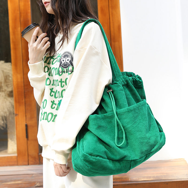 Women's Corduroy Drawstring Shoulder Bag Travel Bag