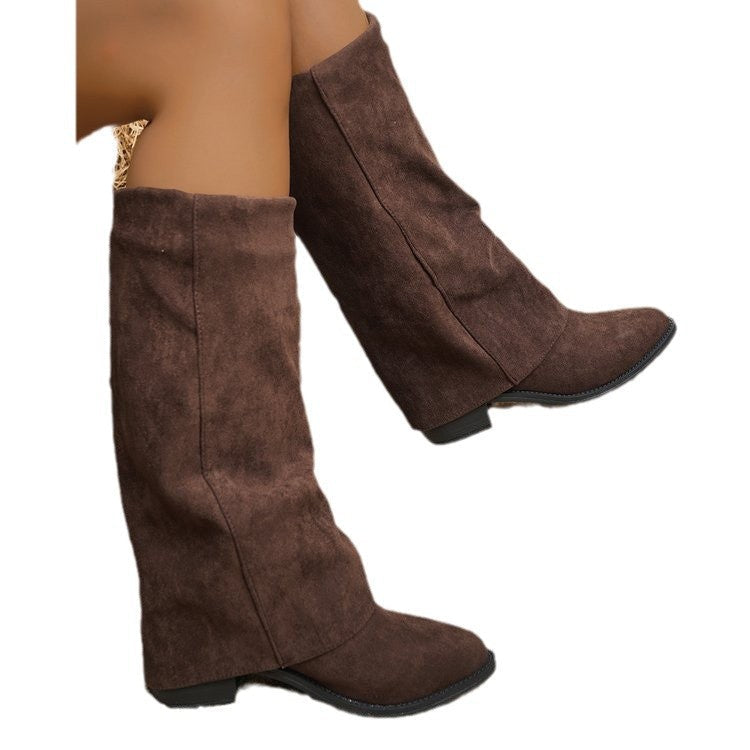 Women's Suede Pointed-Toe Chunky Sole Boots