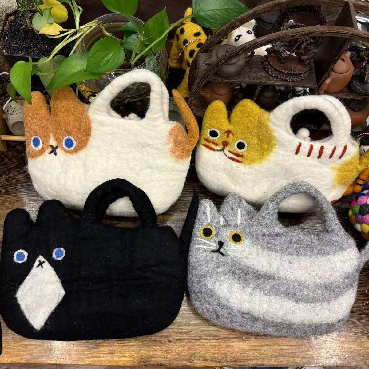 Handmade Wool Felt Cat Tote Handbag