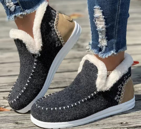 Fleece-Lined Flat Cotton Ankle Boots