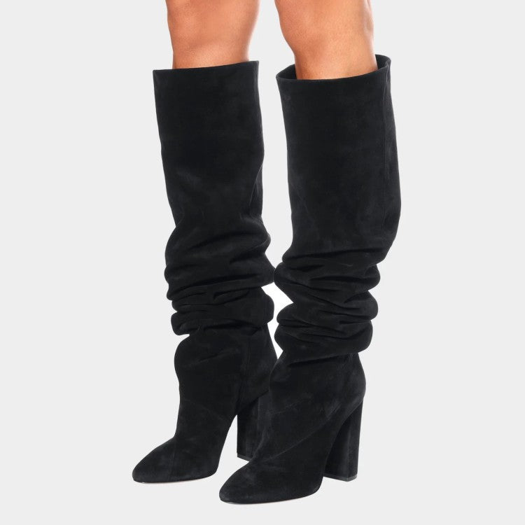 Women's Matte Over The Knee Thick Heel Pleated Boots