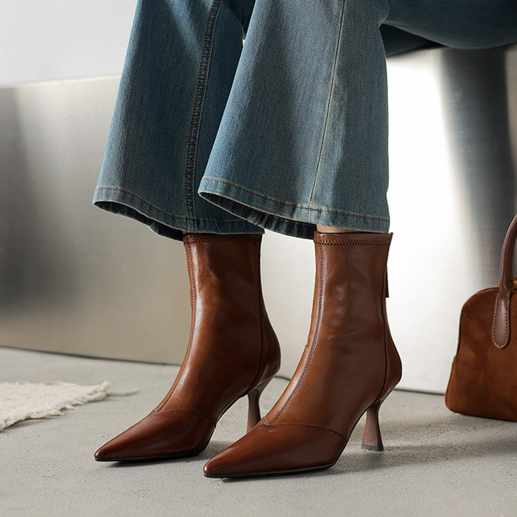 Stiletto-heeled Cowhide Pointed-toe Ankle Boots With A Back