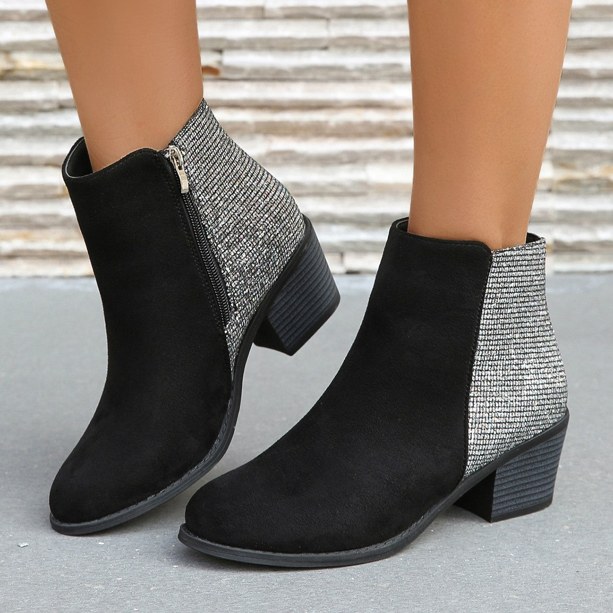 Women's Sequin Chunky Heel Side Zip Boots
