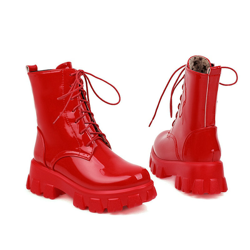 Patent Leather Lace-Up Platform Boots